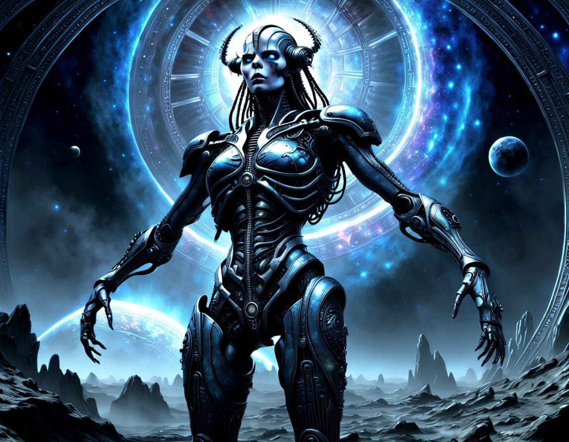 Cyborg Gazing at Nebula in Dark Fantasy Style