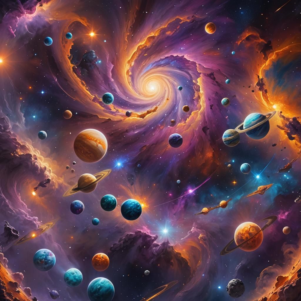 Cosmic Surrealism: Galaxy with Planets and Nebula