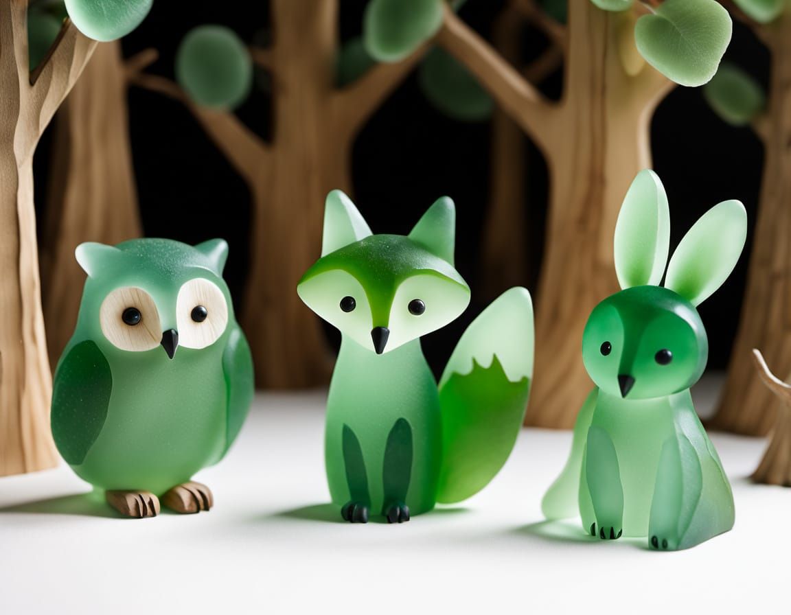 Adorable Sea Glass Woodland Creatures in Forest Setting