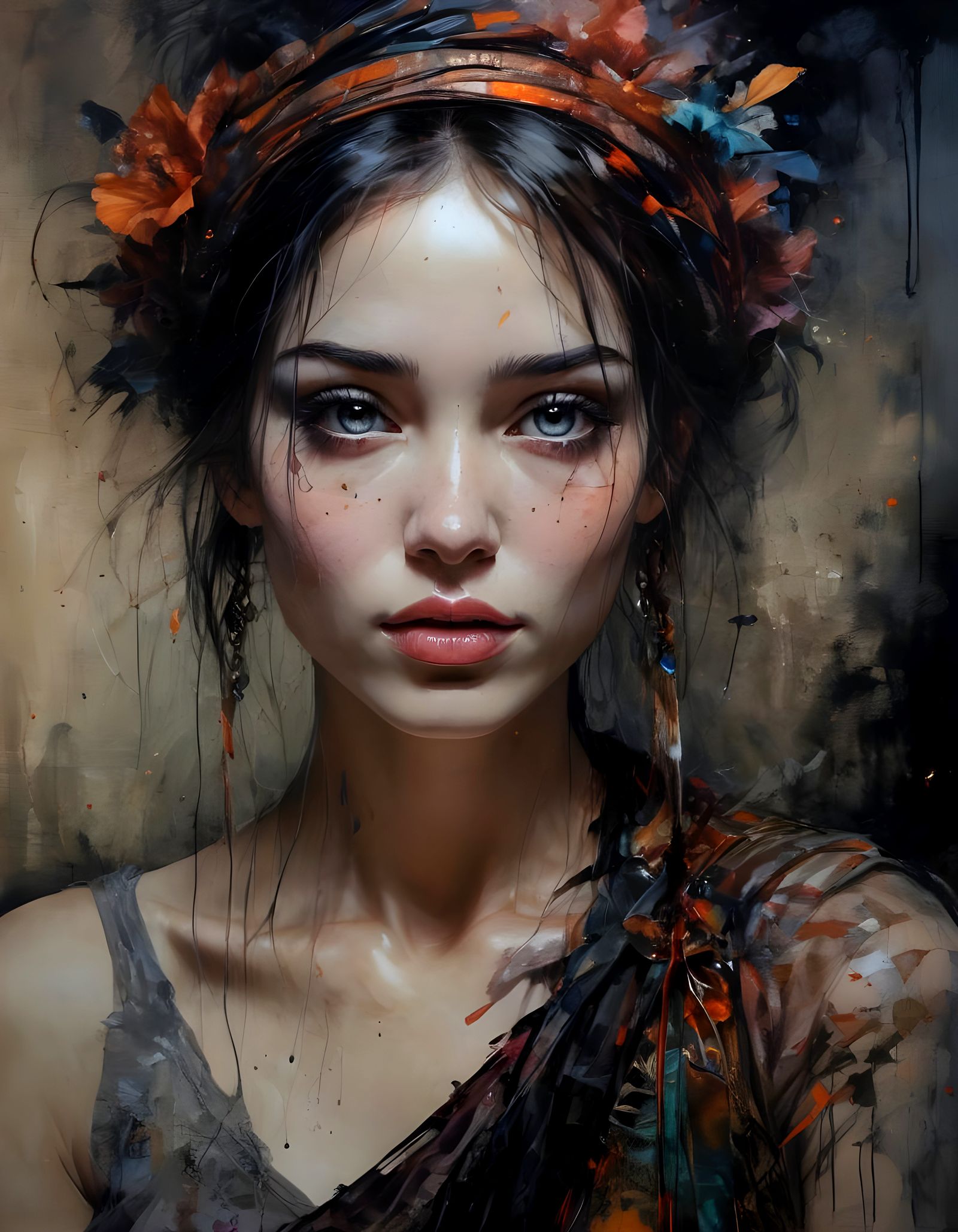 Gypsy Queen Portrait in Surreal Alcohol Ink Style