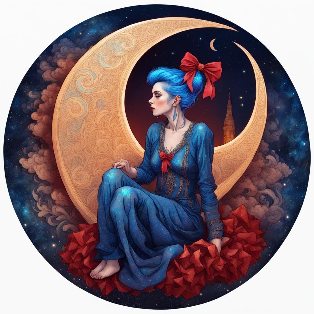 Woman on Moon: Holographic Astral Cosmic Illustration