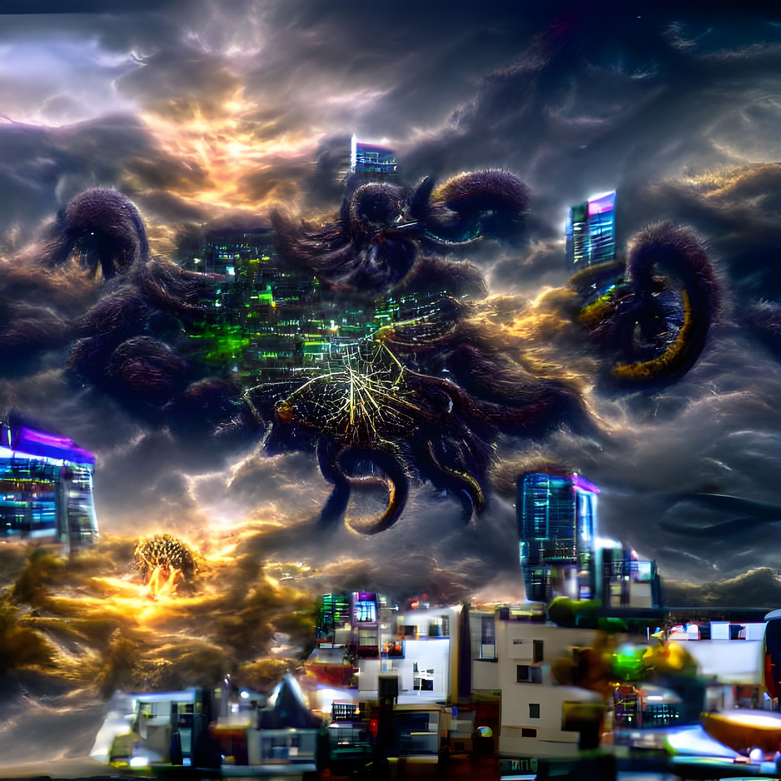 Azathoth Over Cyberpunk Cityscape