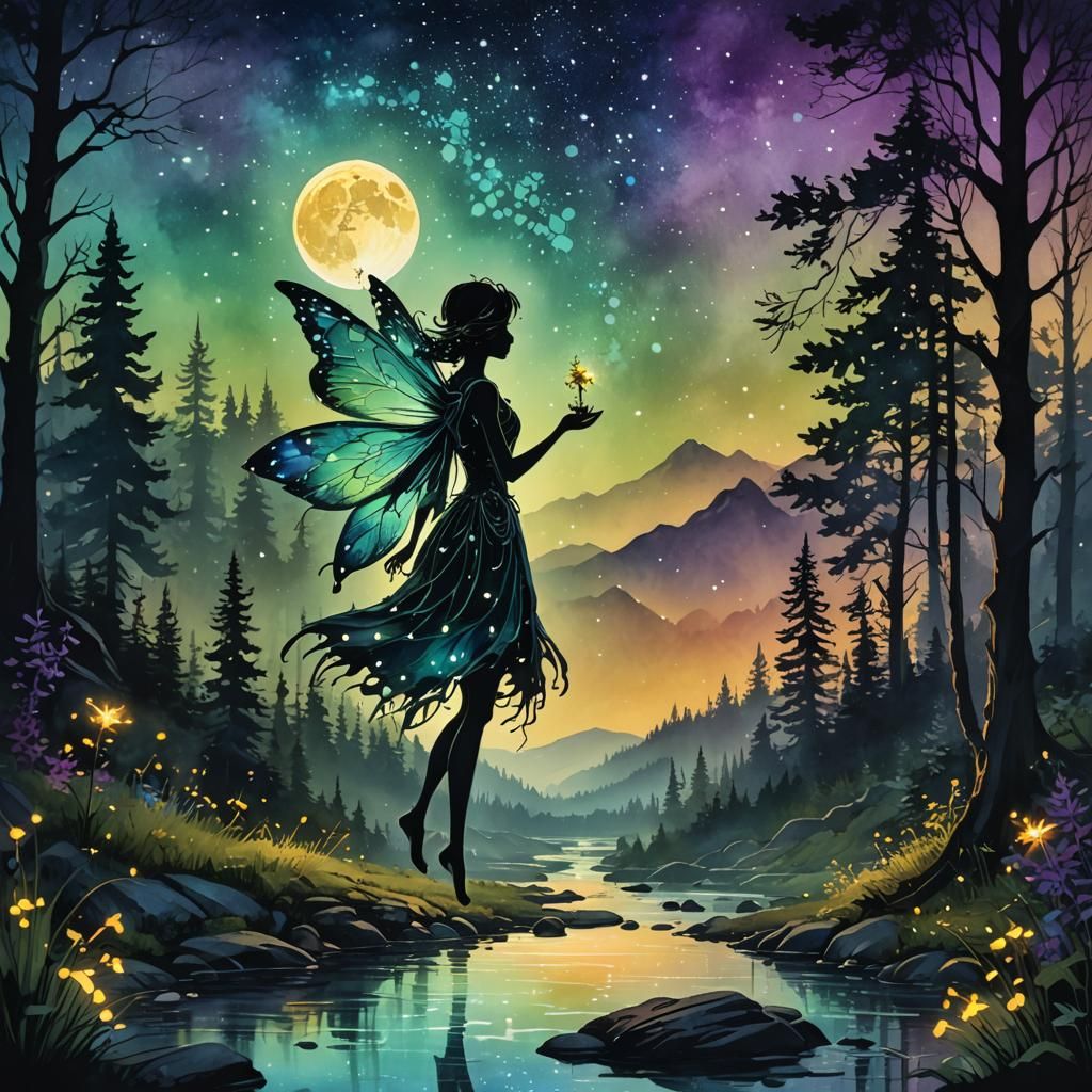 Fairy Silhouette in Alcohol Ink Dark Fantasy Landscape