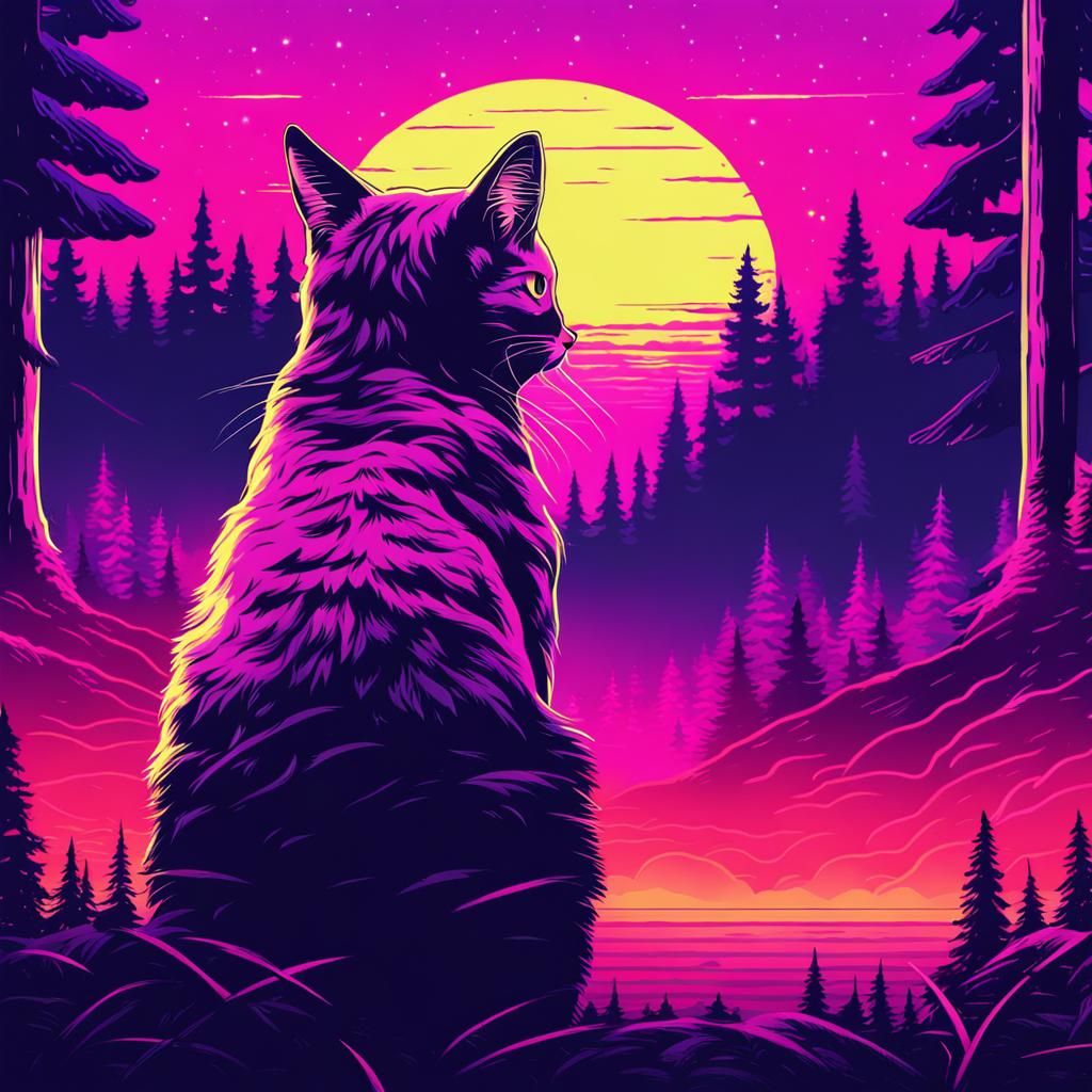 Cat Contemplates Forest in Synthwave Neon Style
