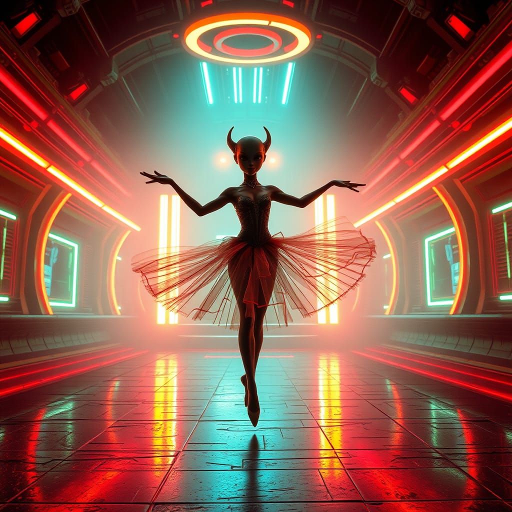 Alien Ballerina Spins on Futuristic Stage
