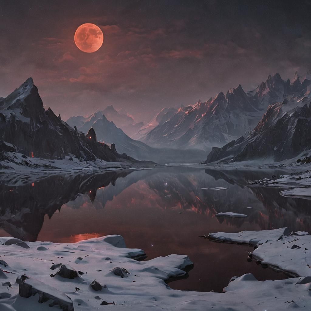 Dark Fantasy Lake Reflects Blood Red Moon