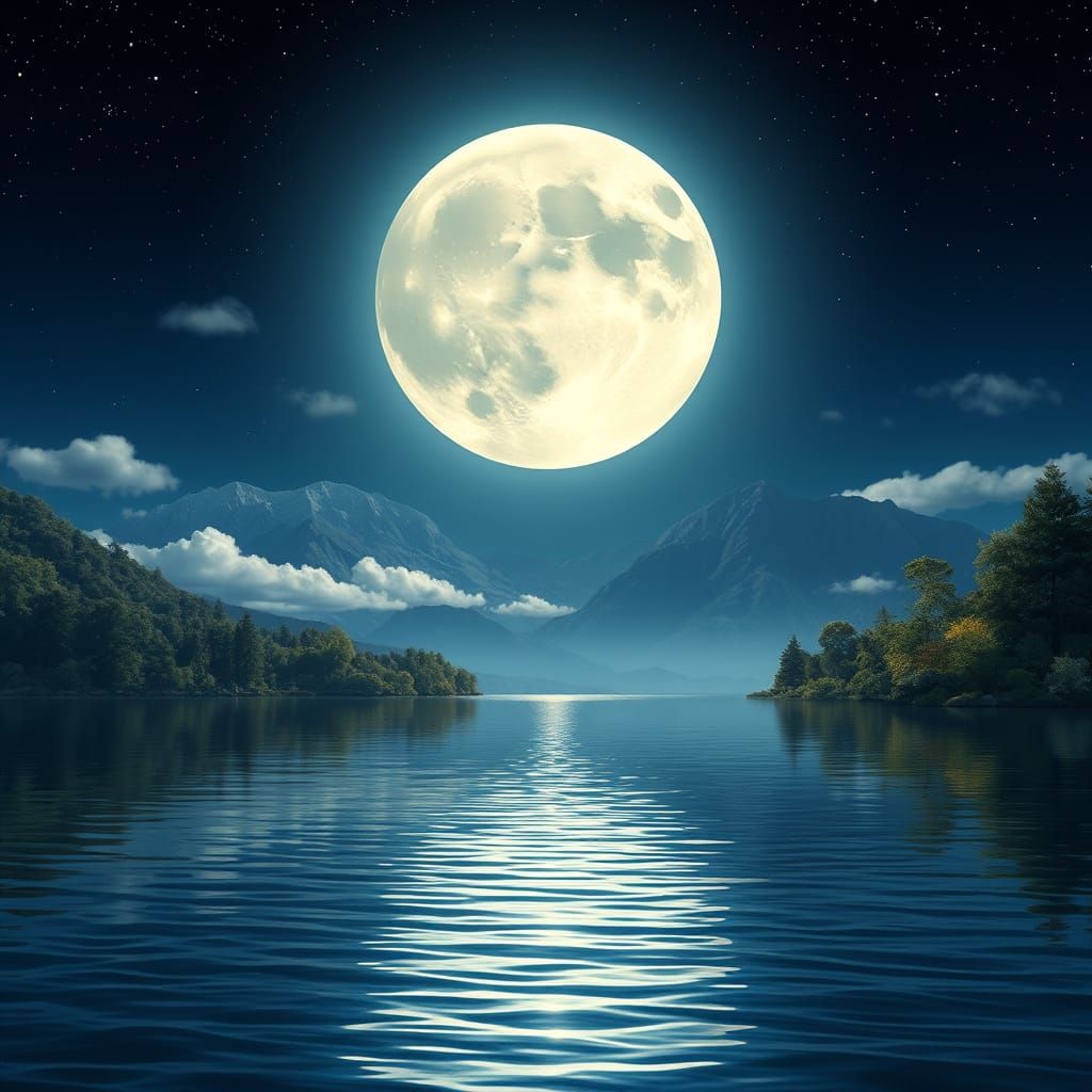 Stellar Moonlit Lake in Dreamlike Landscape