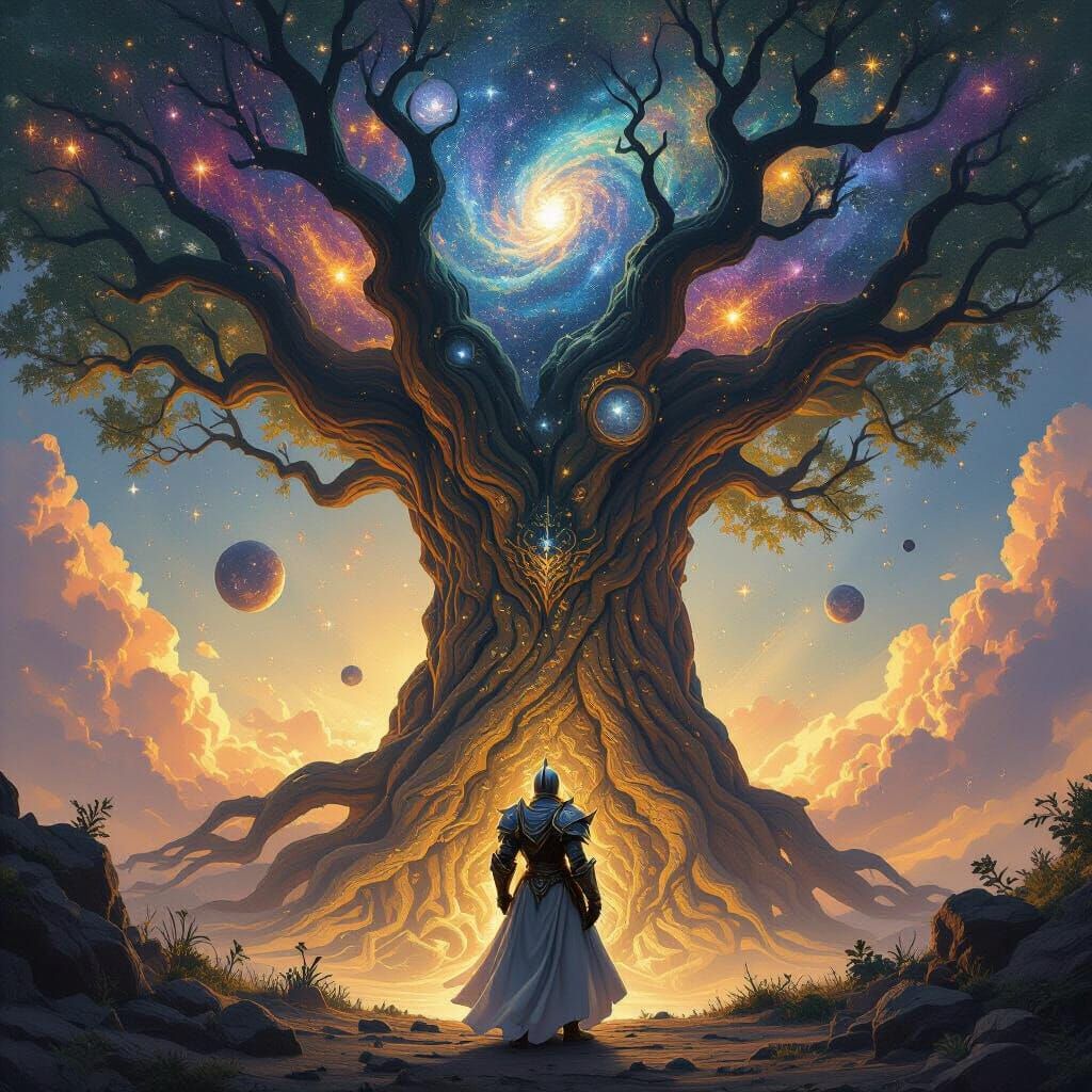 Knight Before Cosmic Tree With Starlight Armor