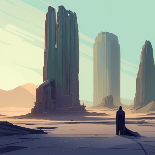 Colossal Ruins on a Moon with Contemplative Figure