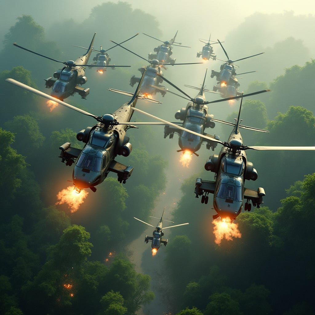 War Zone Helicopters in Jungle Formation