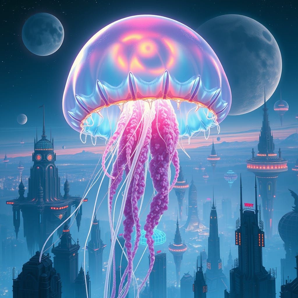 Bioluminescent Jellyfish Floats Above Alien City