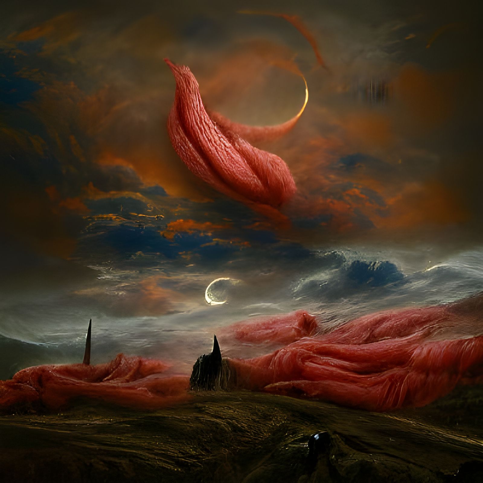 Dystopian Landscape Under Red Crescent Moon
