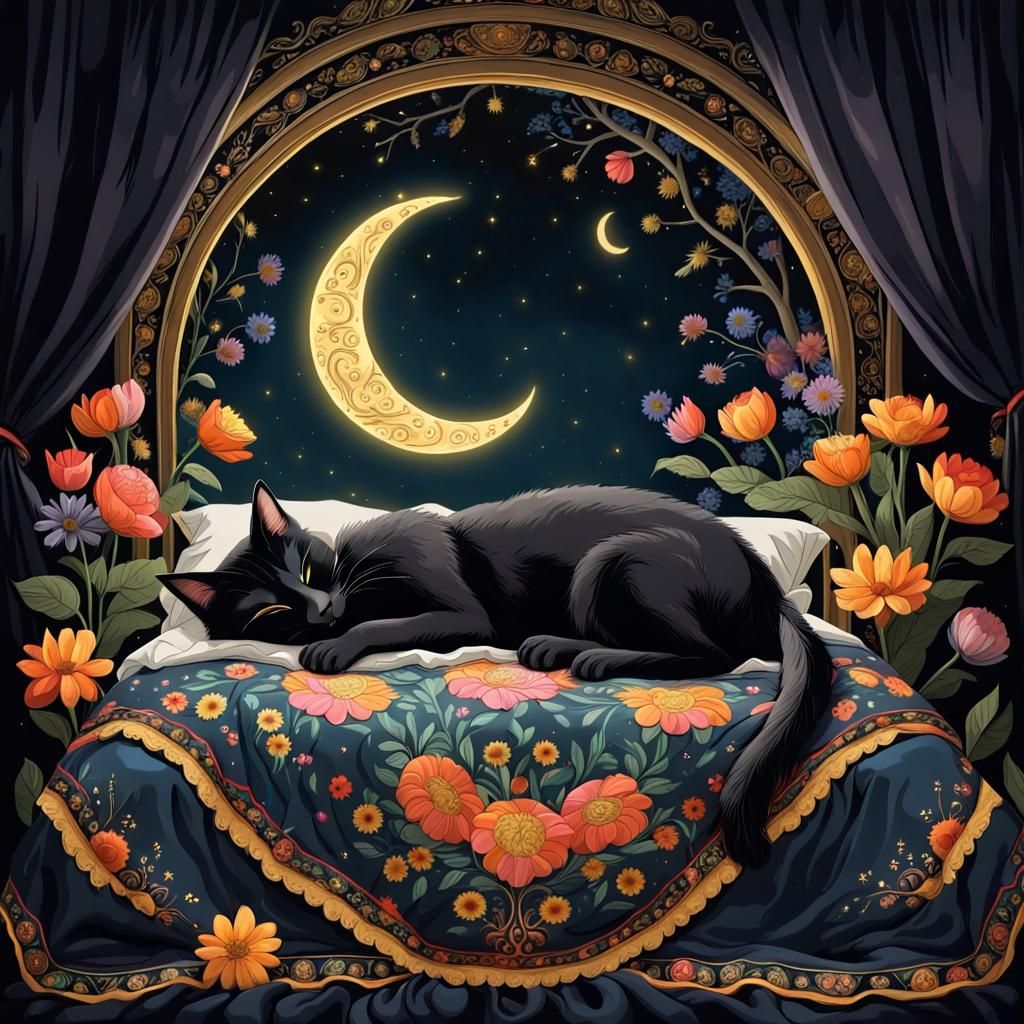 Cat Nap in Palekh Style Fable Illustration