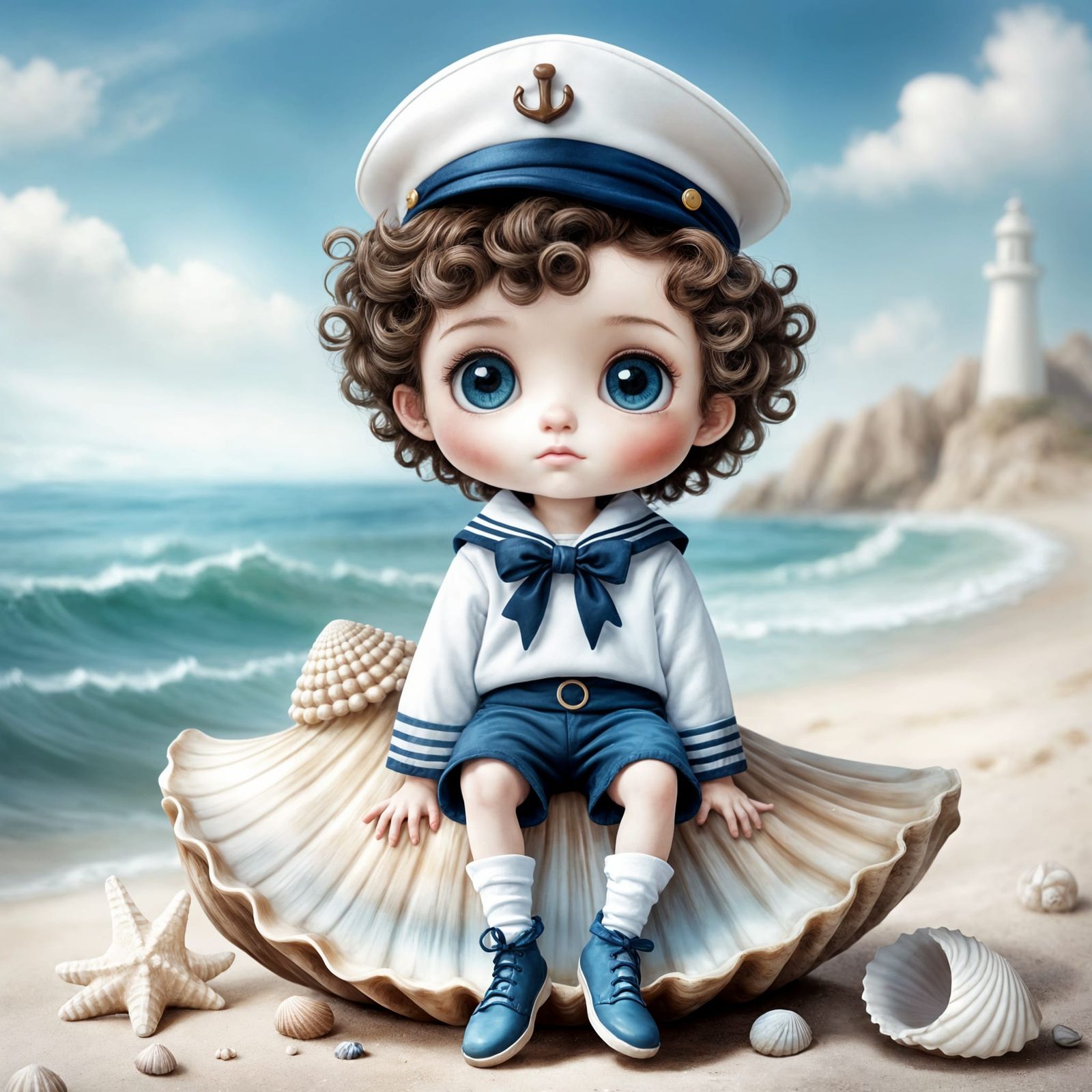 Dreamy Seaside Sailor Boy Digital Illustration