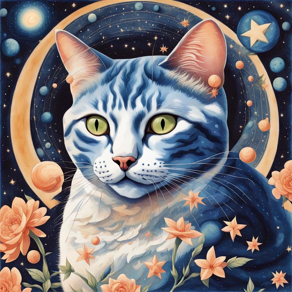Charming Cat in Psychedelic Art Deco Sky