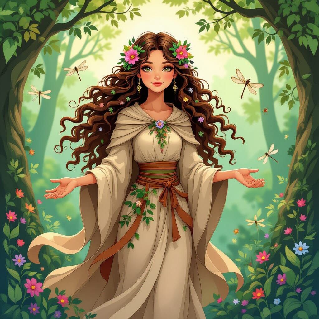 Whimsical Forest Guardian with Nature Hair