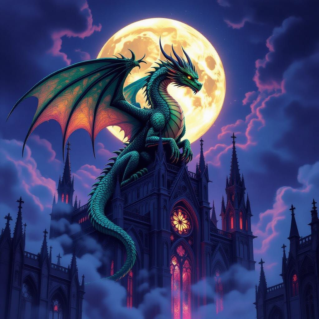 Majestic horrific growling dragon perched atop a gothic cath...