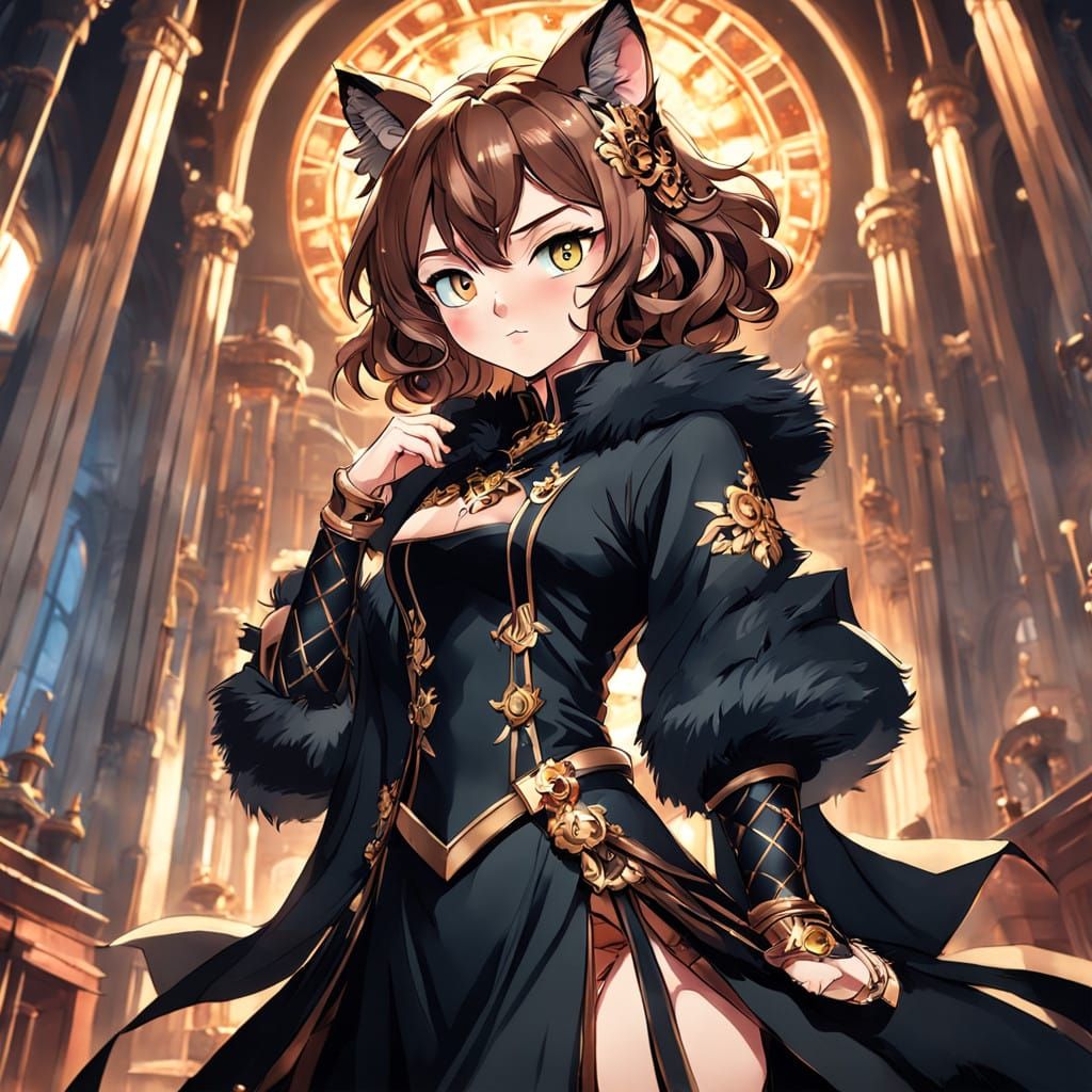 Elegant Catgirl Royal in Flat Manga Style