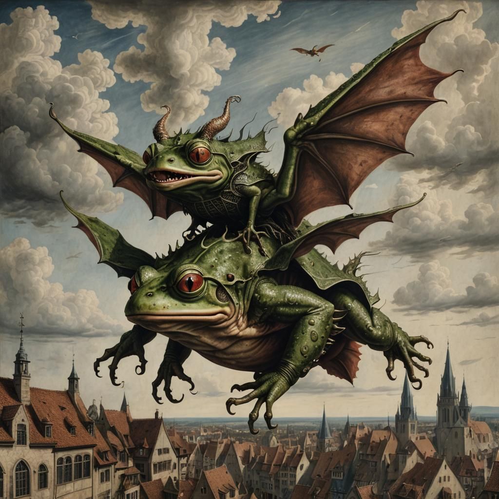 Frog Demon Over Medieval Town in Van Eyck Style