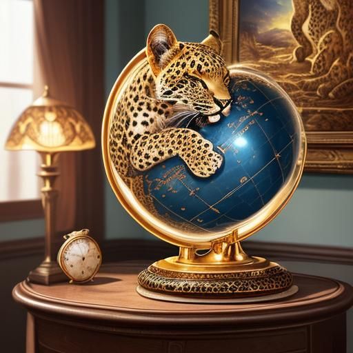 Leopard on Epoxy Globe in Golden Hour Lighting