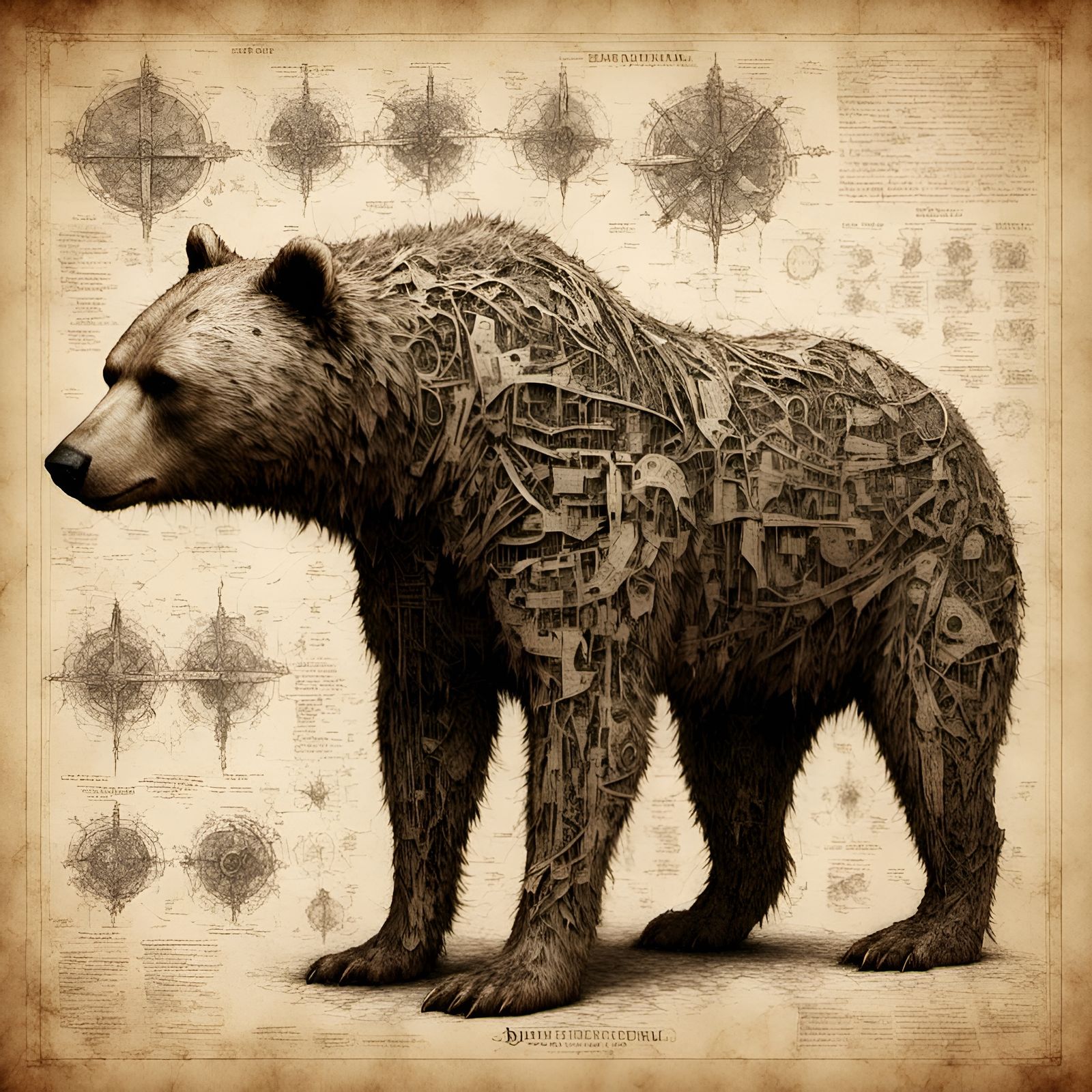 Ornate Bear Blueprint in 3D Paper Style