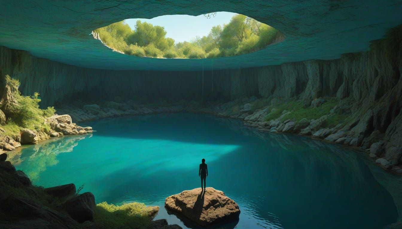 Surreal Cave Landscape with Radiant Water and Ethereal Glow