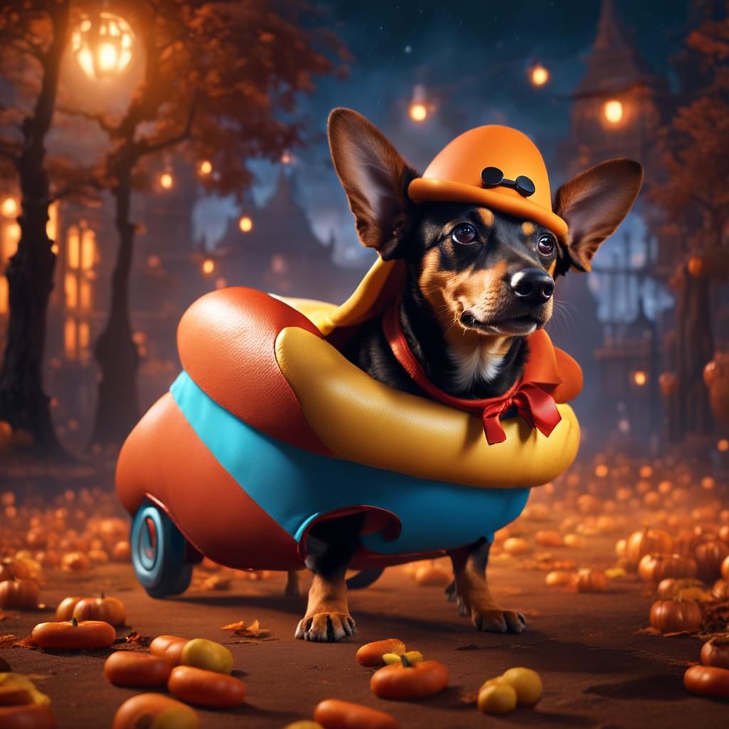 Weenie Dog in Hot Dog Costume, Halloween Art