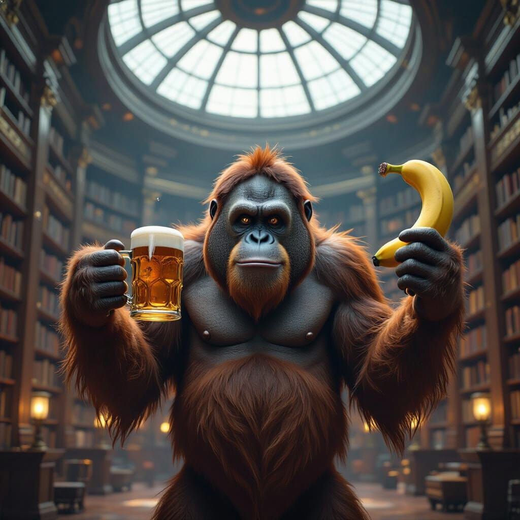 Orangutan Scholar in Infinite Library with Beer and Banana