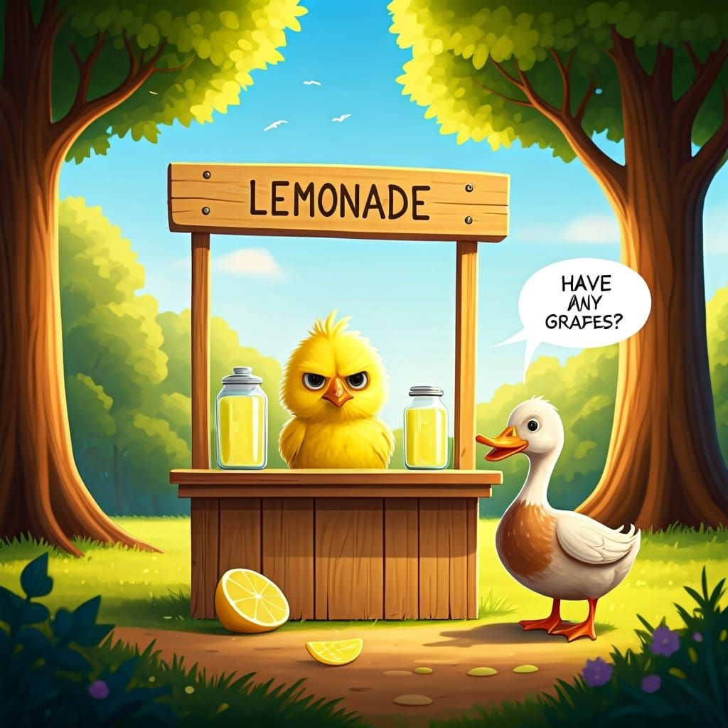 Grumpy Chick and Goofy Duck at Lemonade Stand