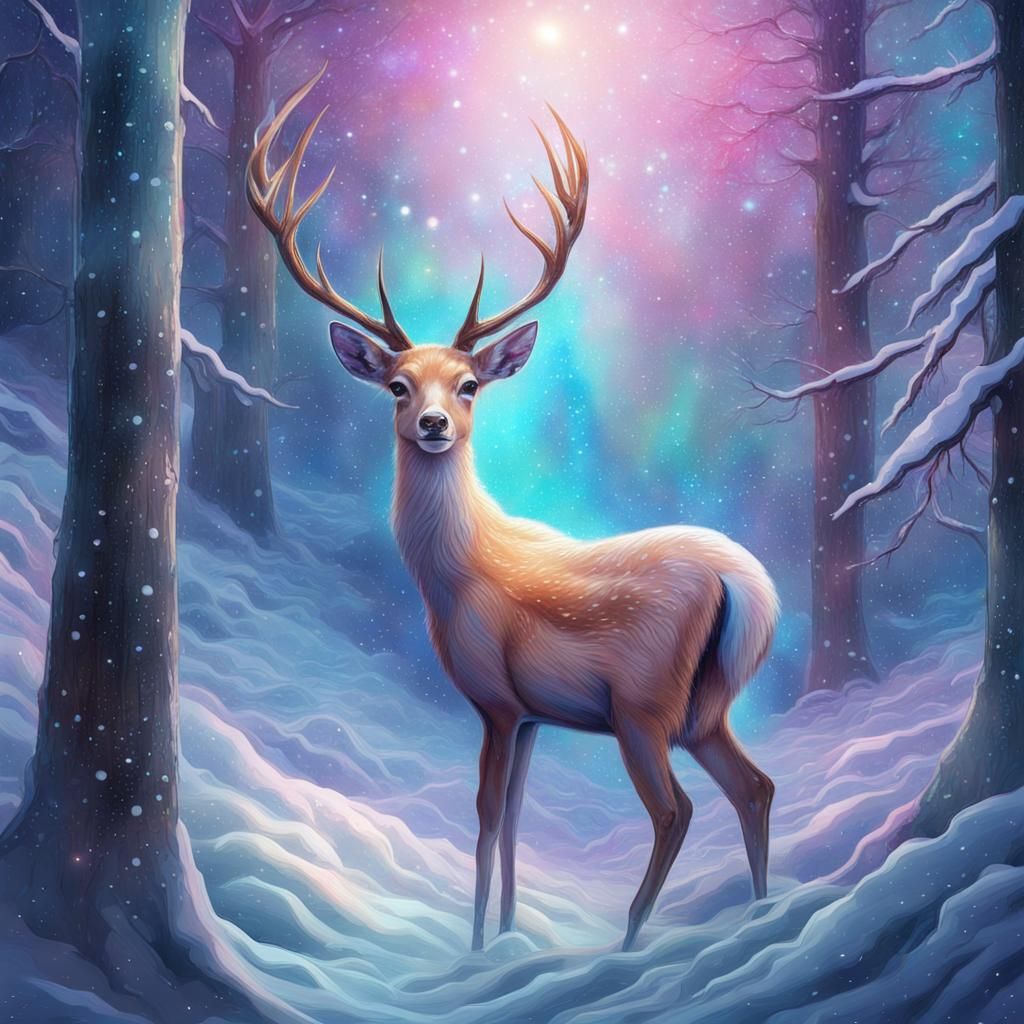 Doe in Snowy Forest: Holographic Astral Illustration