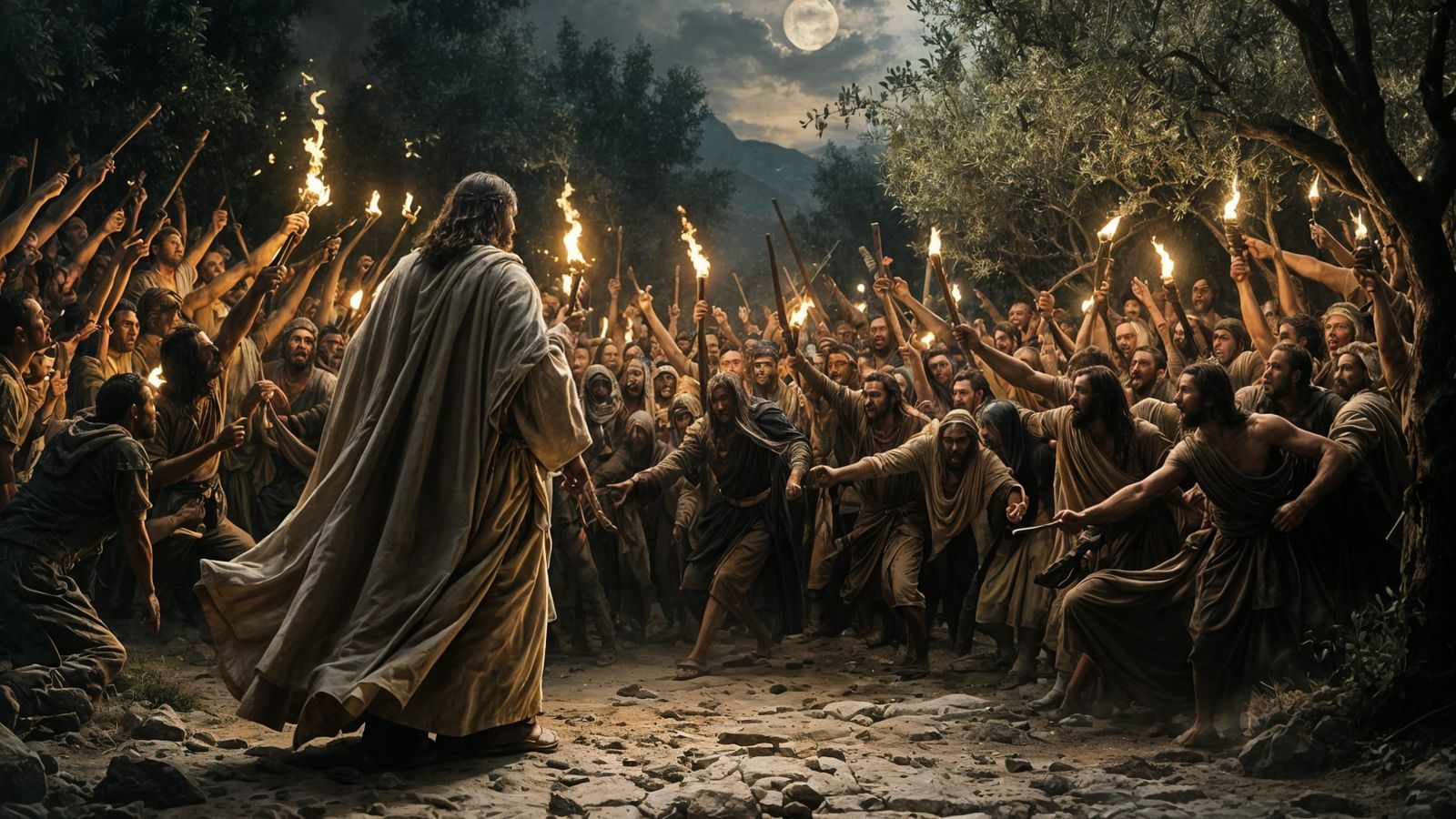 Calm Jesus Confronts Mob in Olive Grove