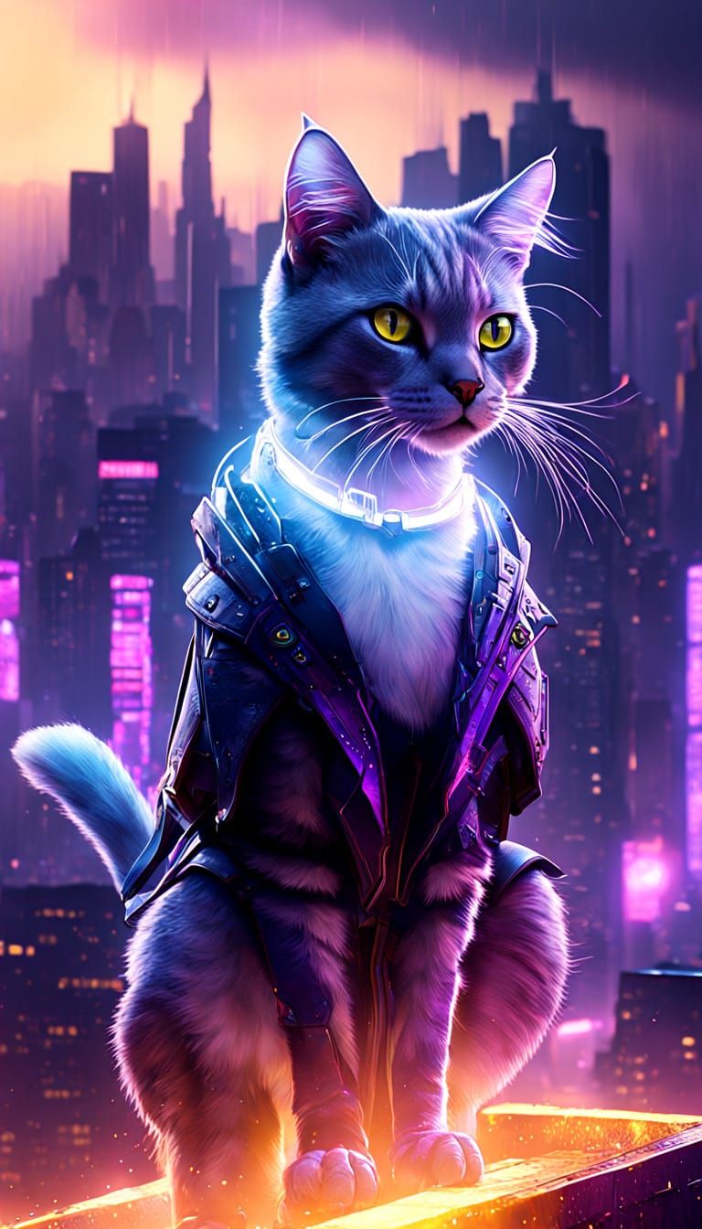 Cyberpunk Cat Assassin in Neon Drenched Rooftop Landscape