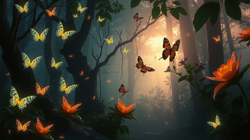 Enchanted Forest with Glowing Insects and Butterflies