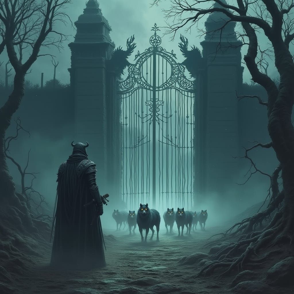 Spectral Huntsman Guards Gate in Dark Fantasy Style