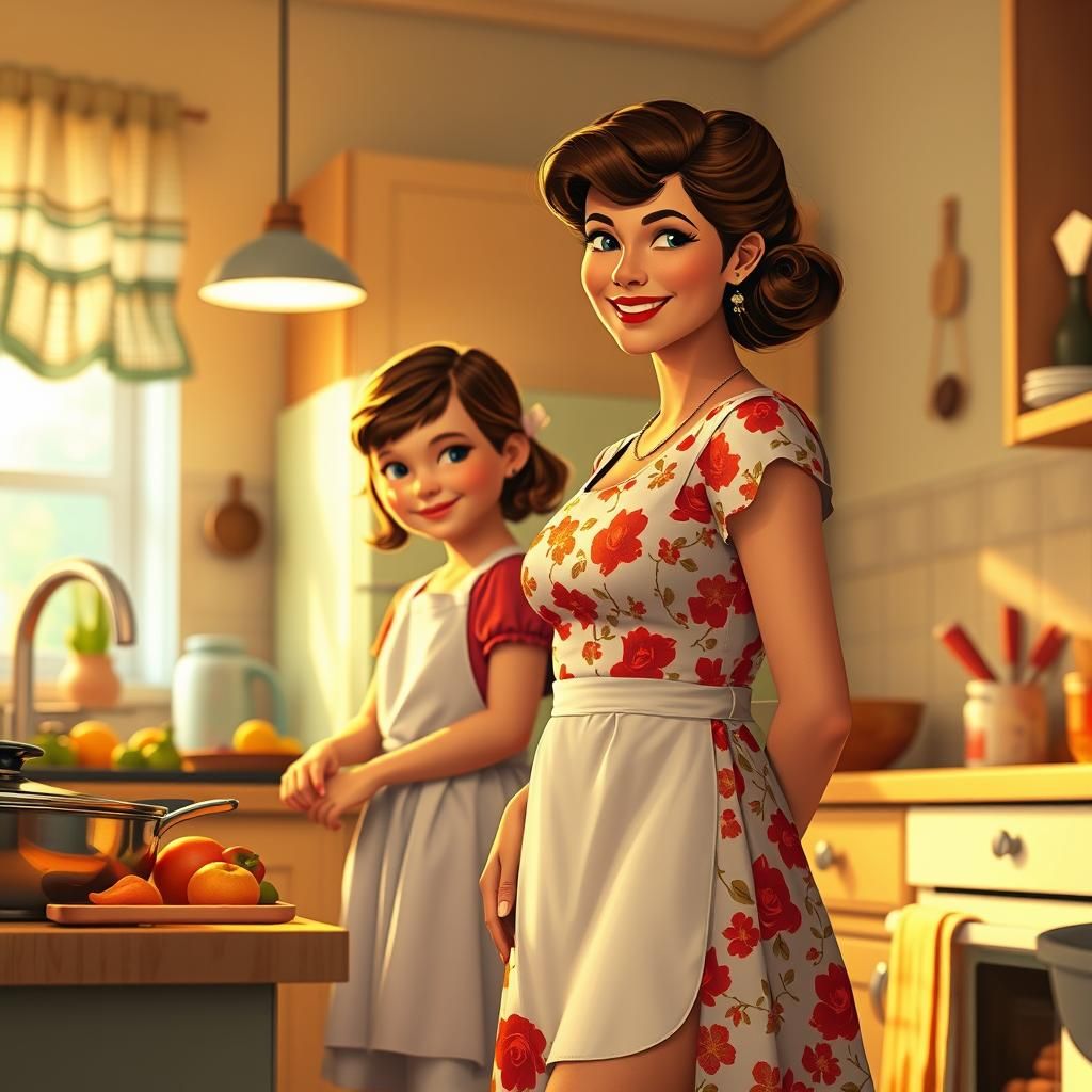 Tradwife and Daughter in Kitchen, Animated Style