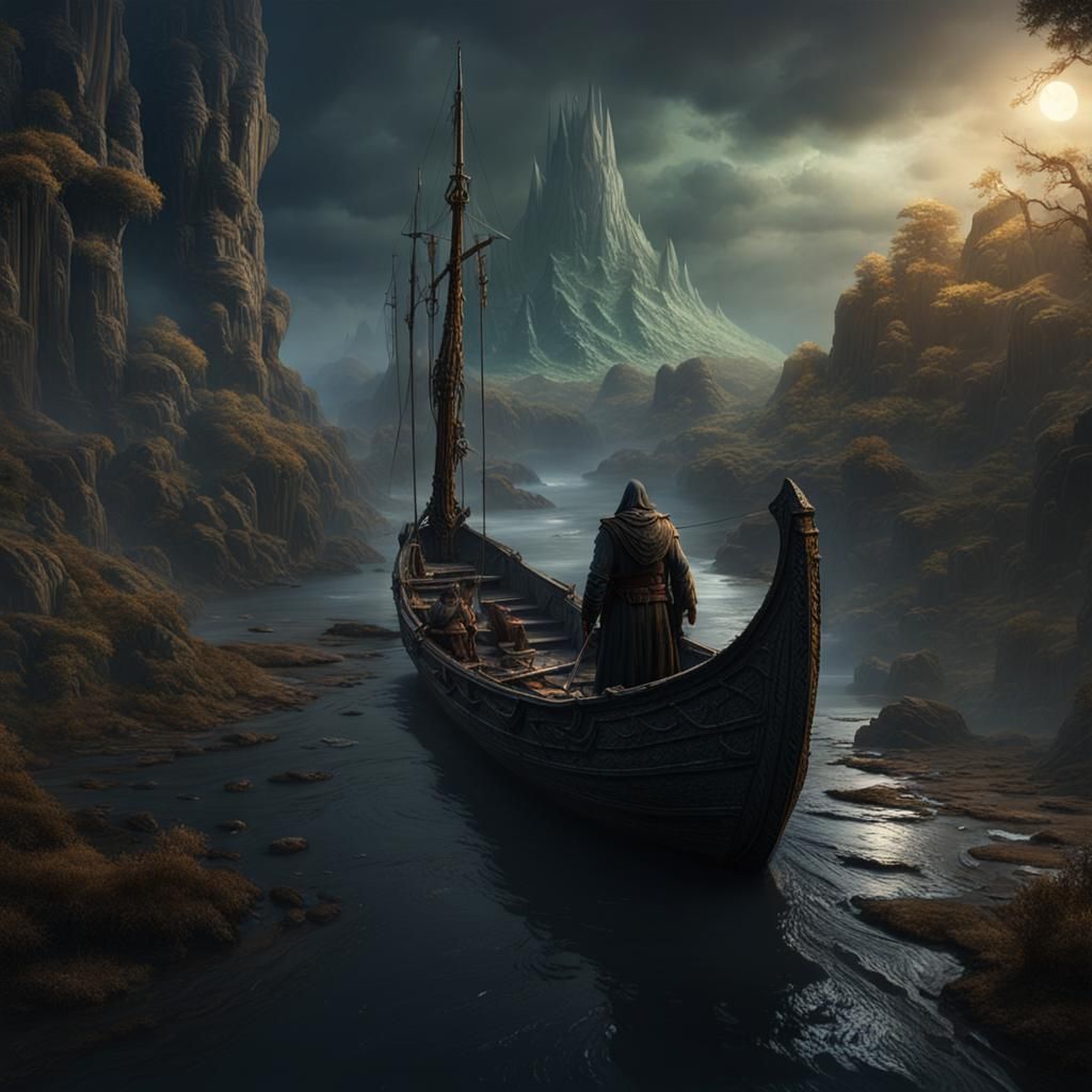 Charon the Ferryman Over the Styx in Detailed Painting