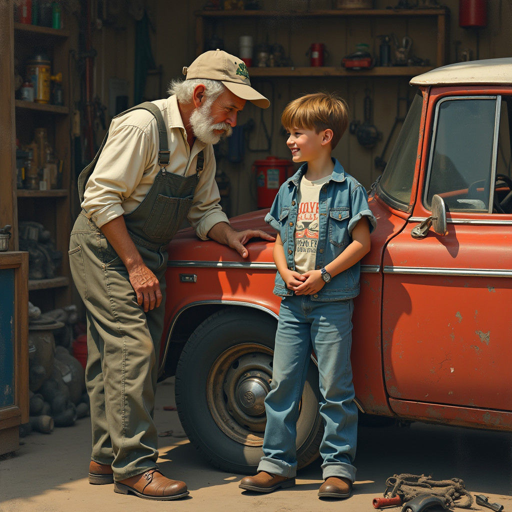 Grandfather and Grandson Work on Vintage Car