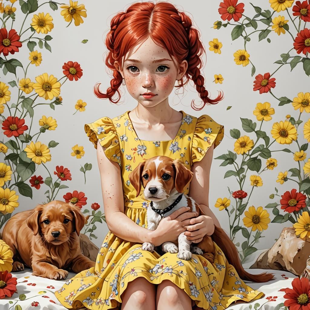 Cute Girl with Puppy in Anime Style