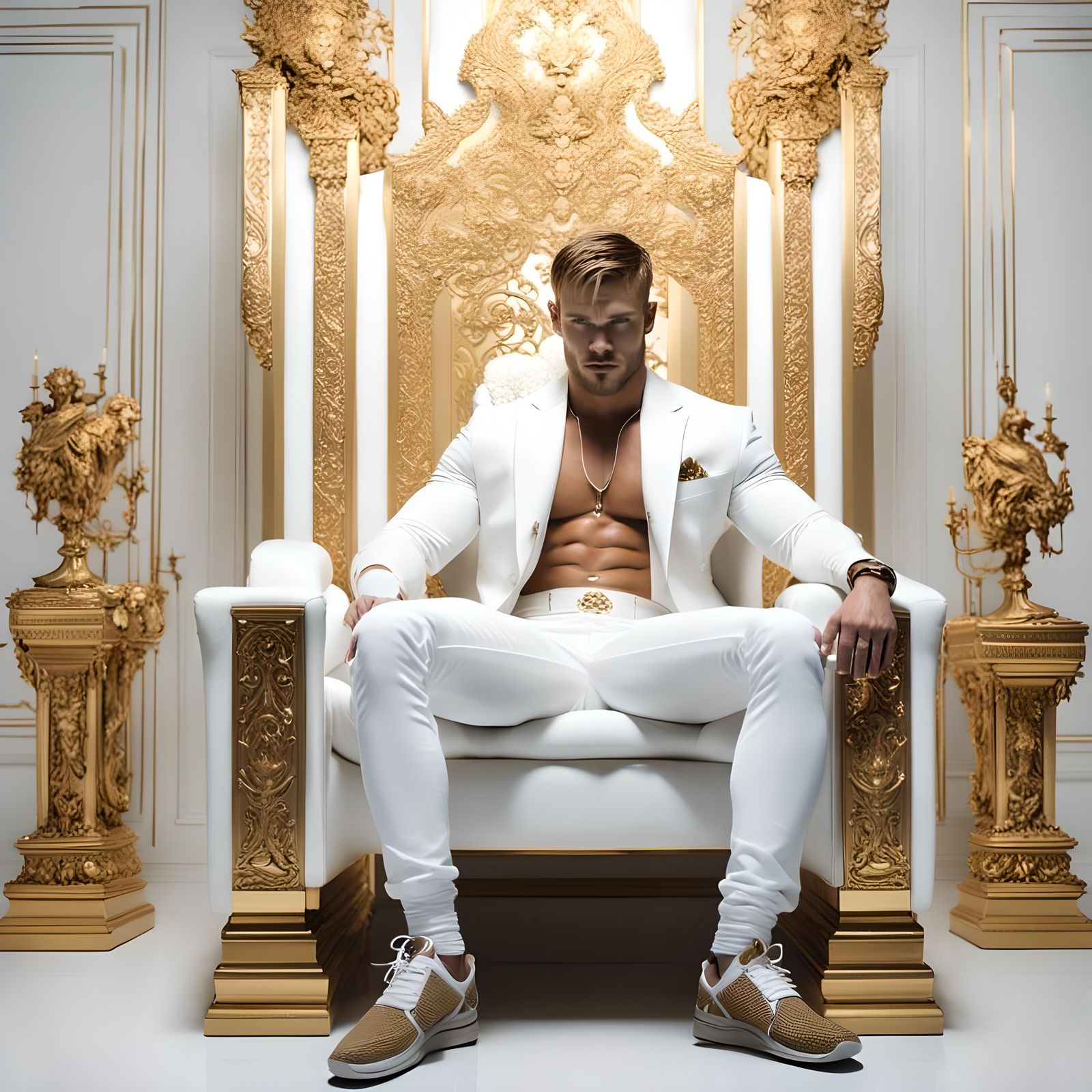 Hypermuscular Man on Throne Surrounded by Technology