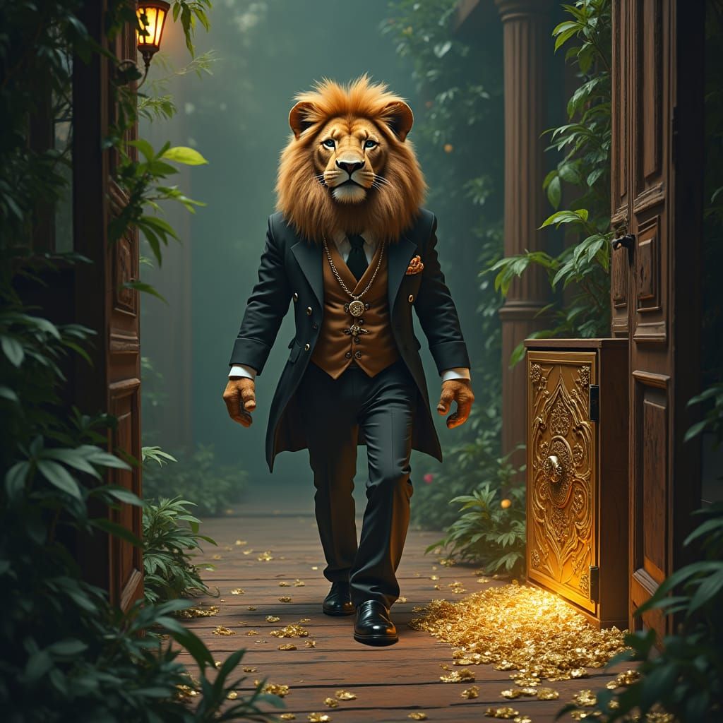 Lion Discovering Hidden Treasure in Abandoned Mansion