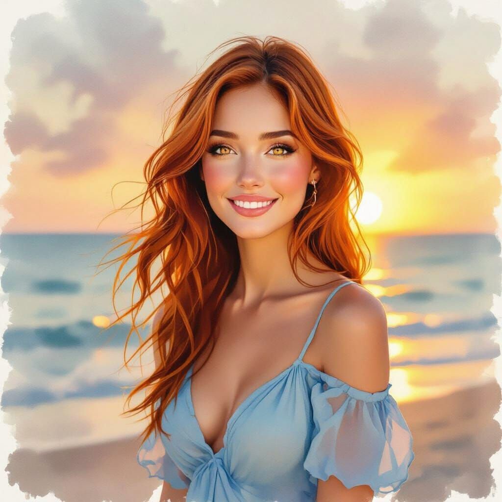 Watercolor Portrait of Woman in Golden Sunset Light