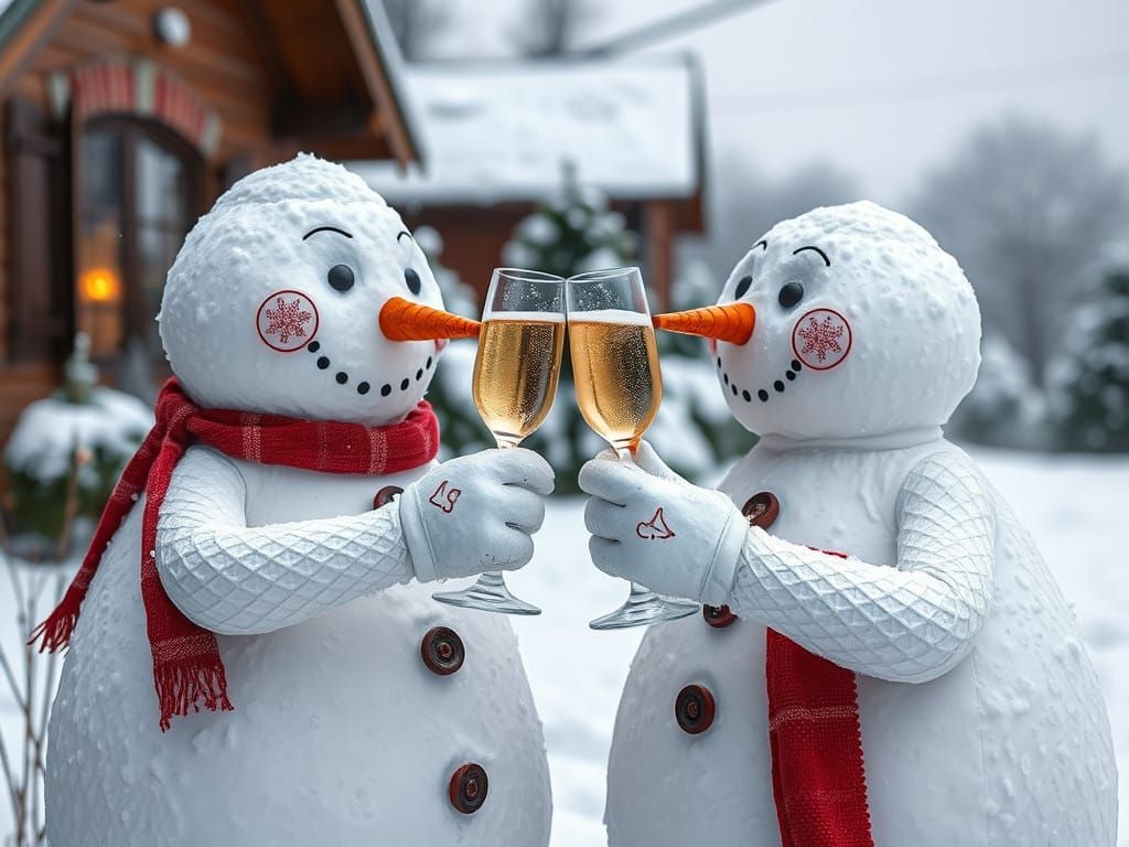 Two Vintage Snowmen Raise Glasses in Toast