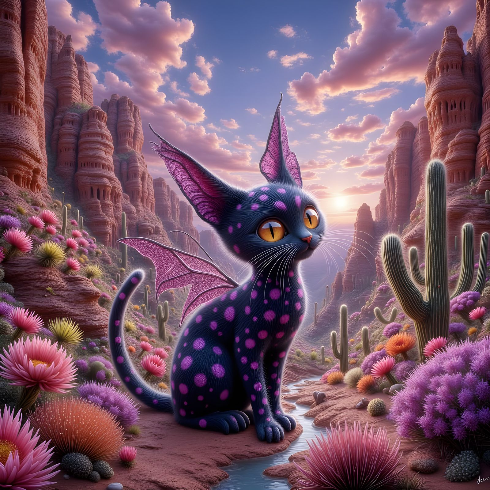 Black Purple Spotted Cat with Bat Wings in Desert