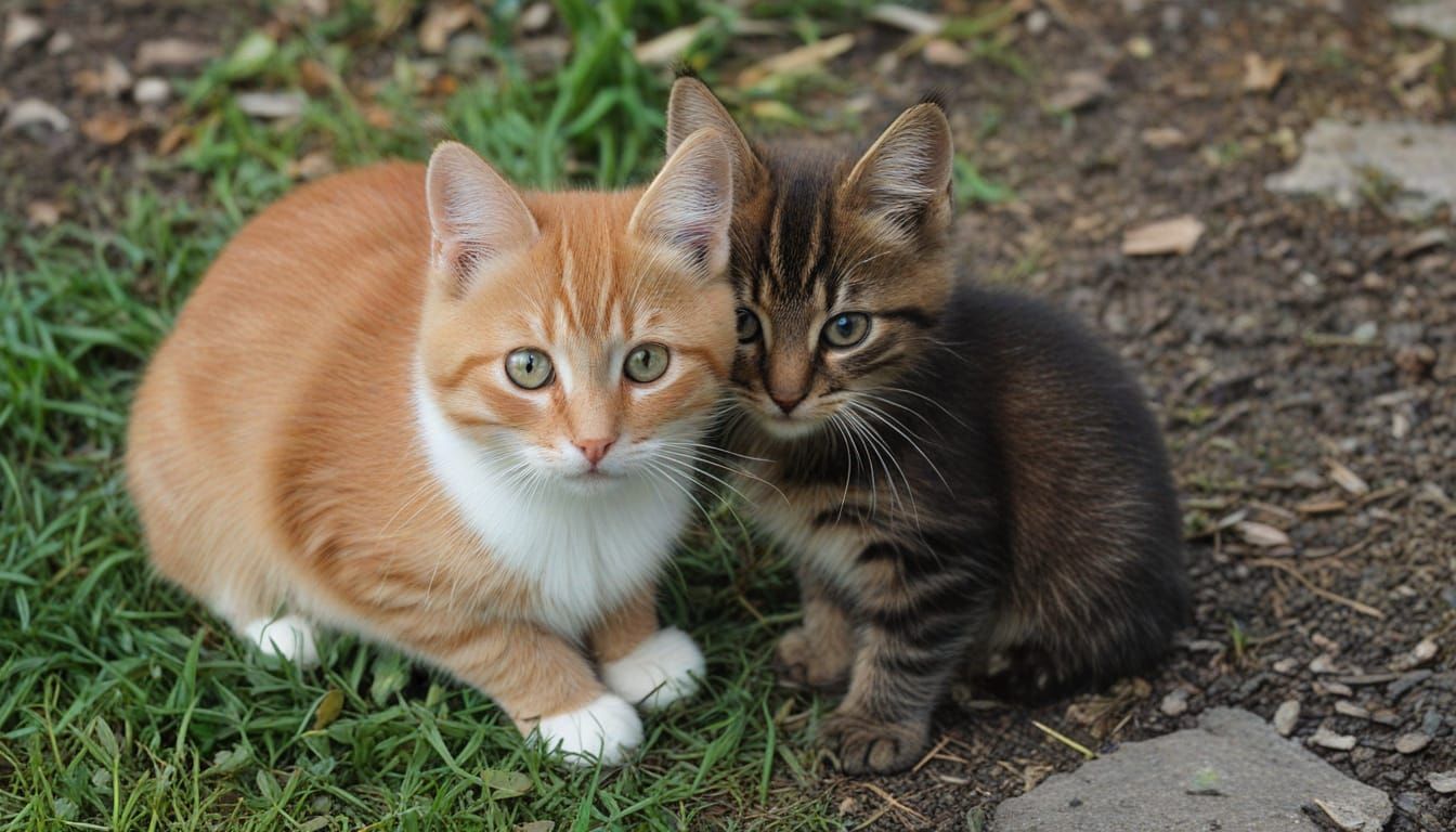 Two Curious Kittens Observe a Flying Bird in a Garden