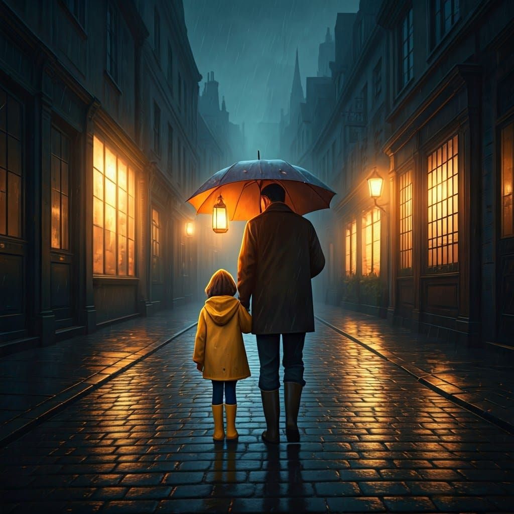 Girl Assists Father in Rainy Street, Digital Matte Painting