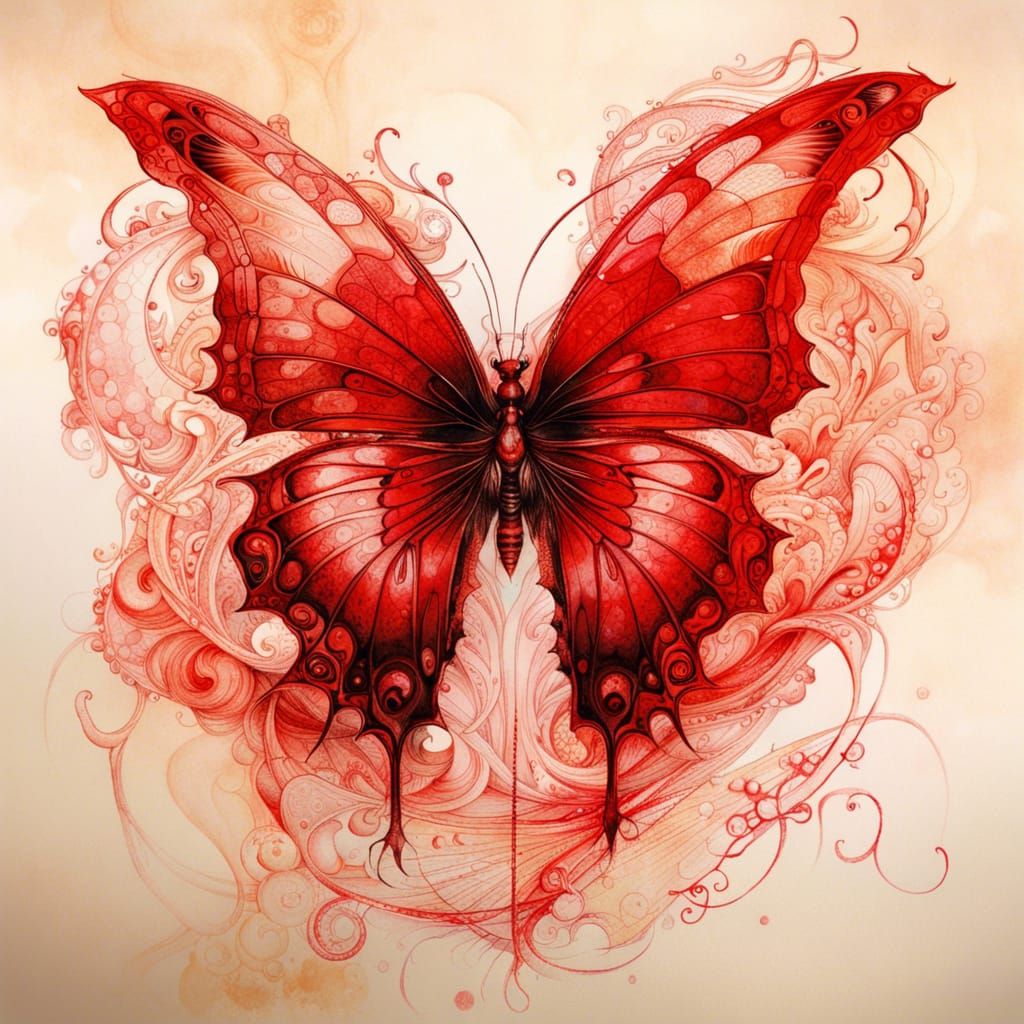 Intricate Red Ink Rorschach Test on Parchment