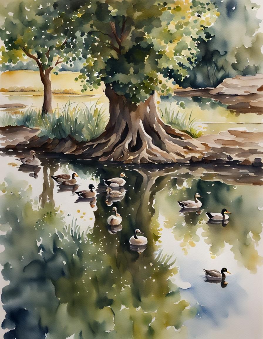 Watercolour Reflections of Tree in Farmyard Pond