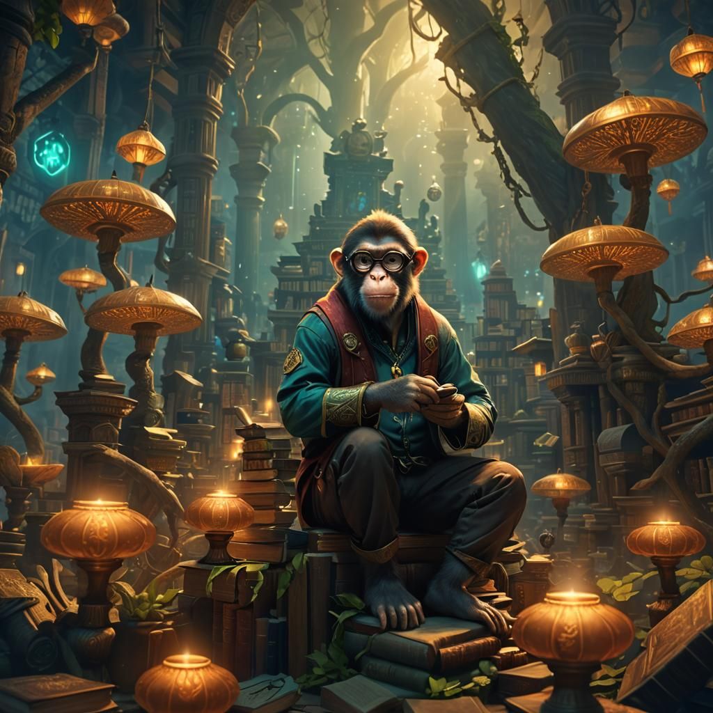 Monkey Librarian in Mystical Library: Fantasy Art