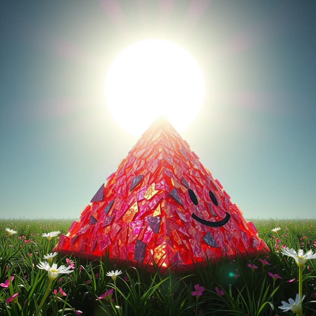 Colossal Sun Illuminating Crumbling Pyramid in Plastic Meado...