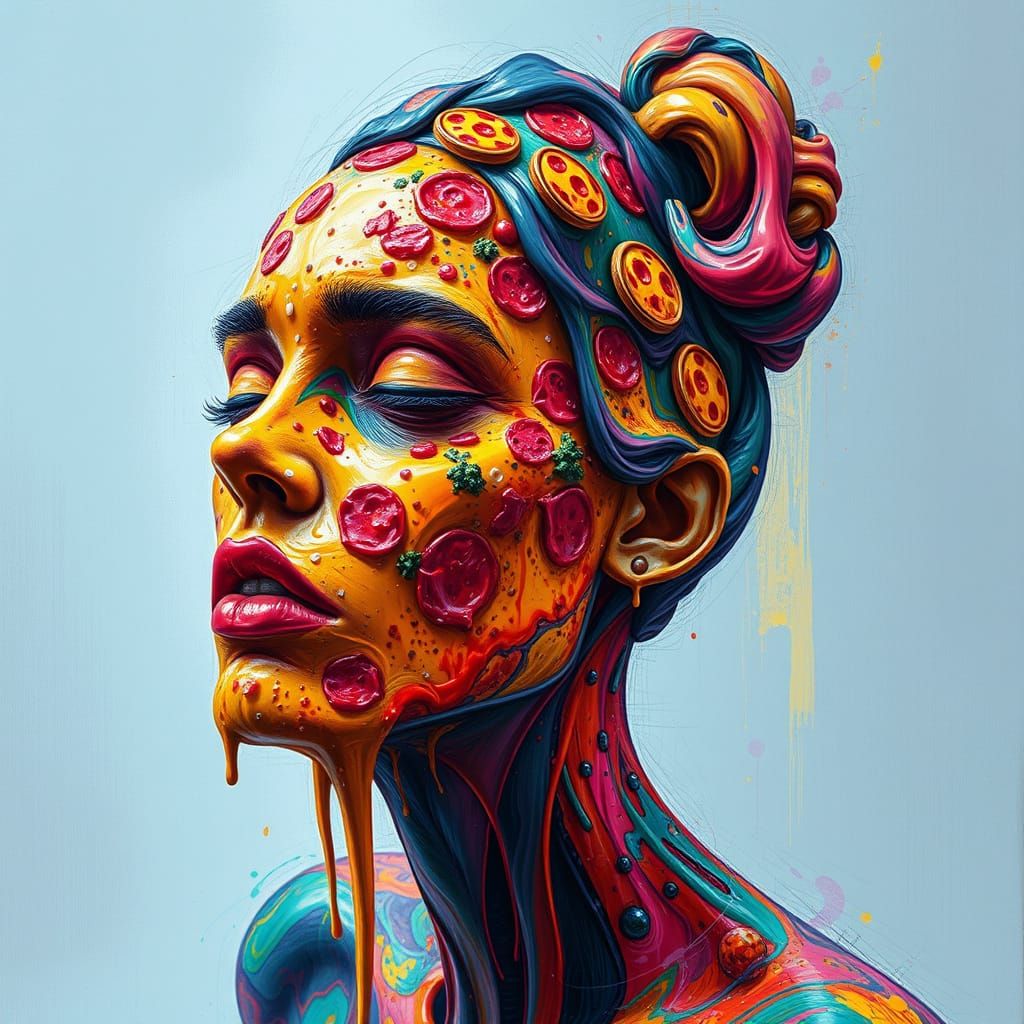 Surreal Pizza Woman Abstract Sculpture in Neon Colors